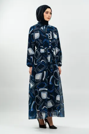 Desenli Lacivert Tesettür Elbise