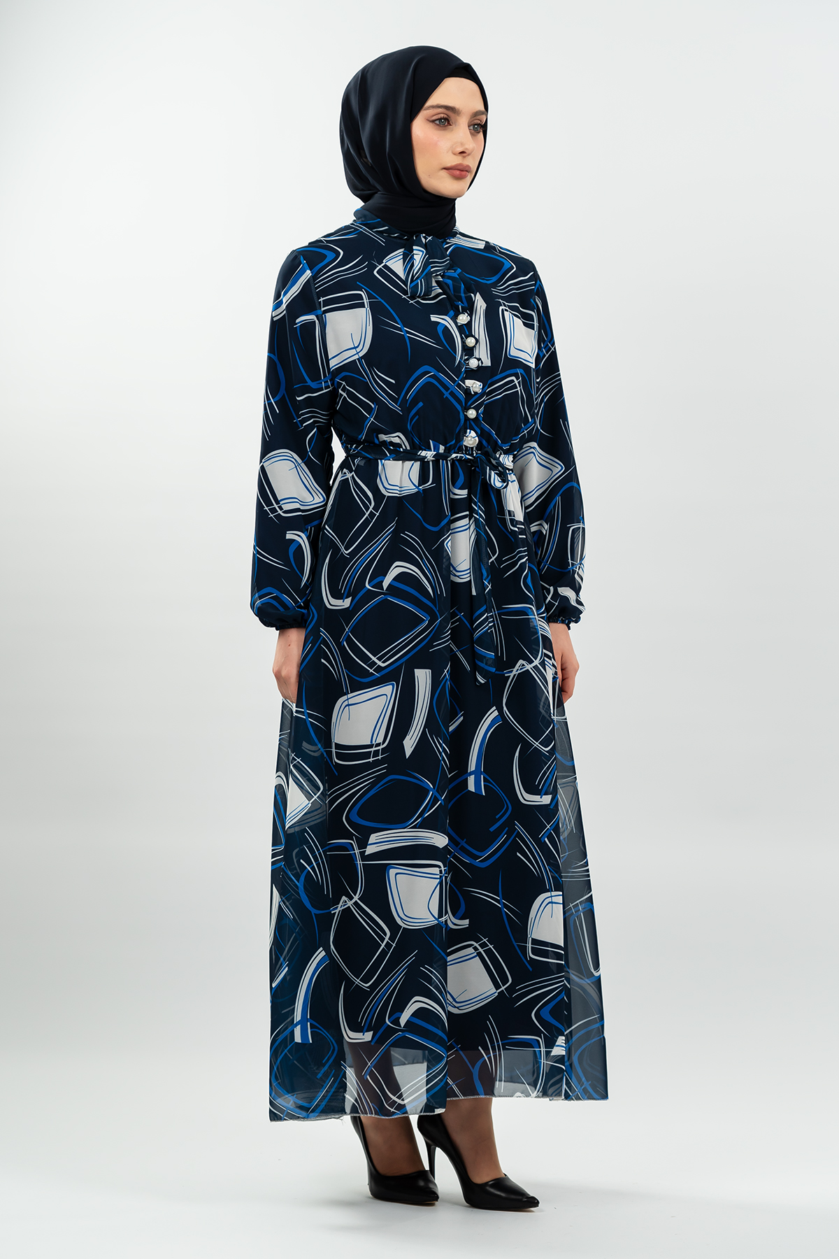 Desenli Lacivert Tesettür Elbise