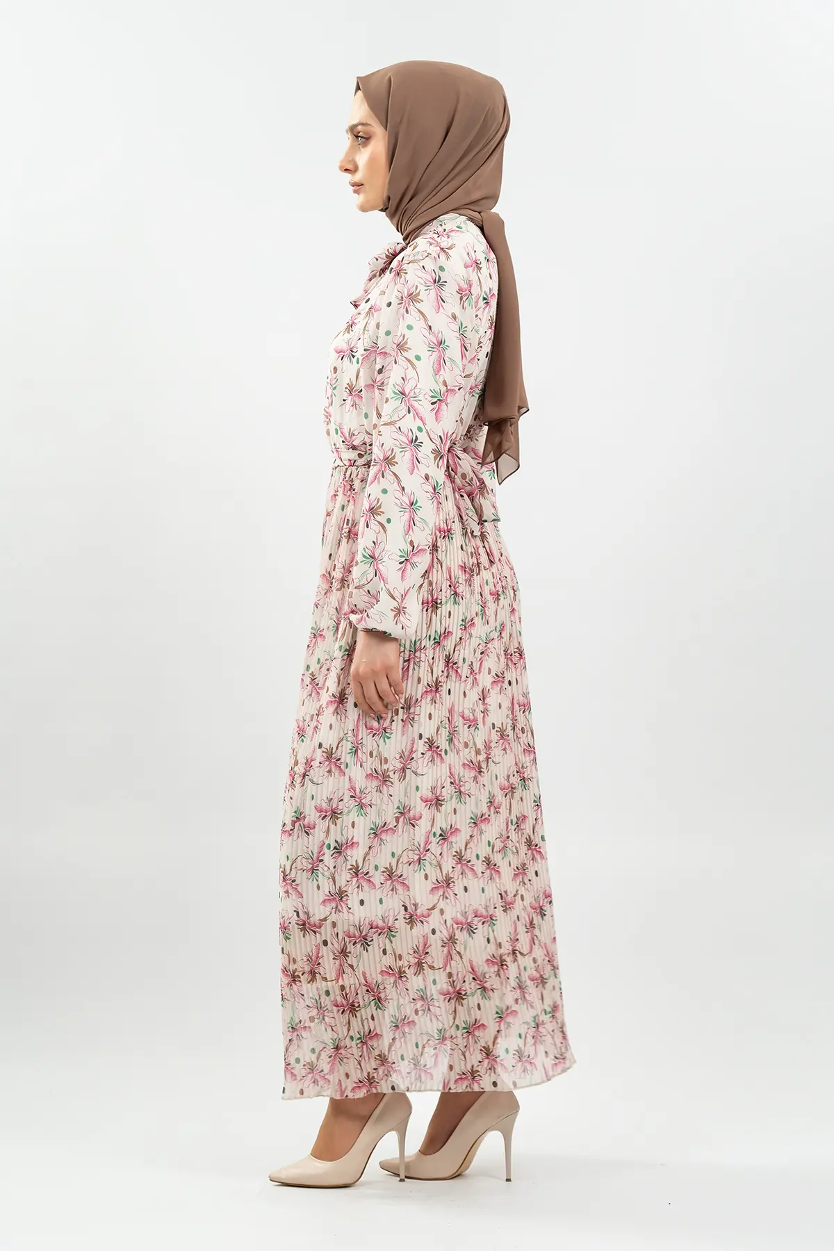 Desenli Pembe Tesettür Elbise-detail
