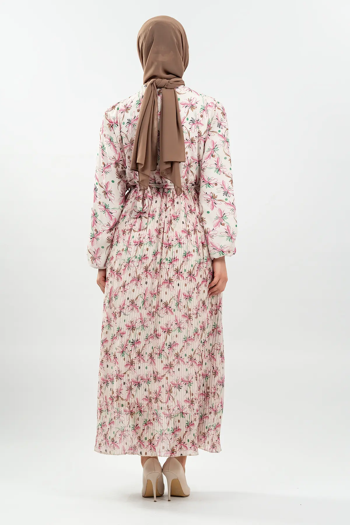 Desenli Pembe Tesettür Elbise-detail