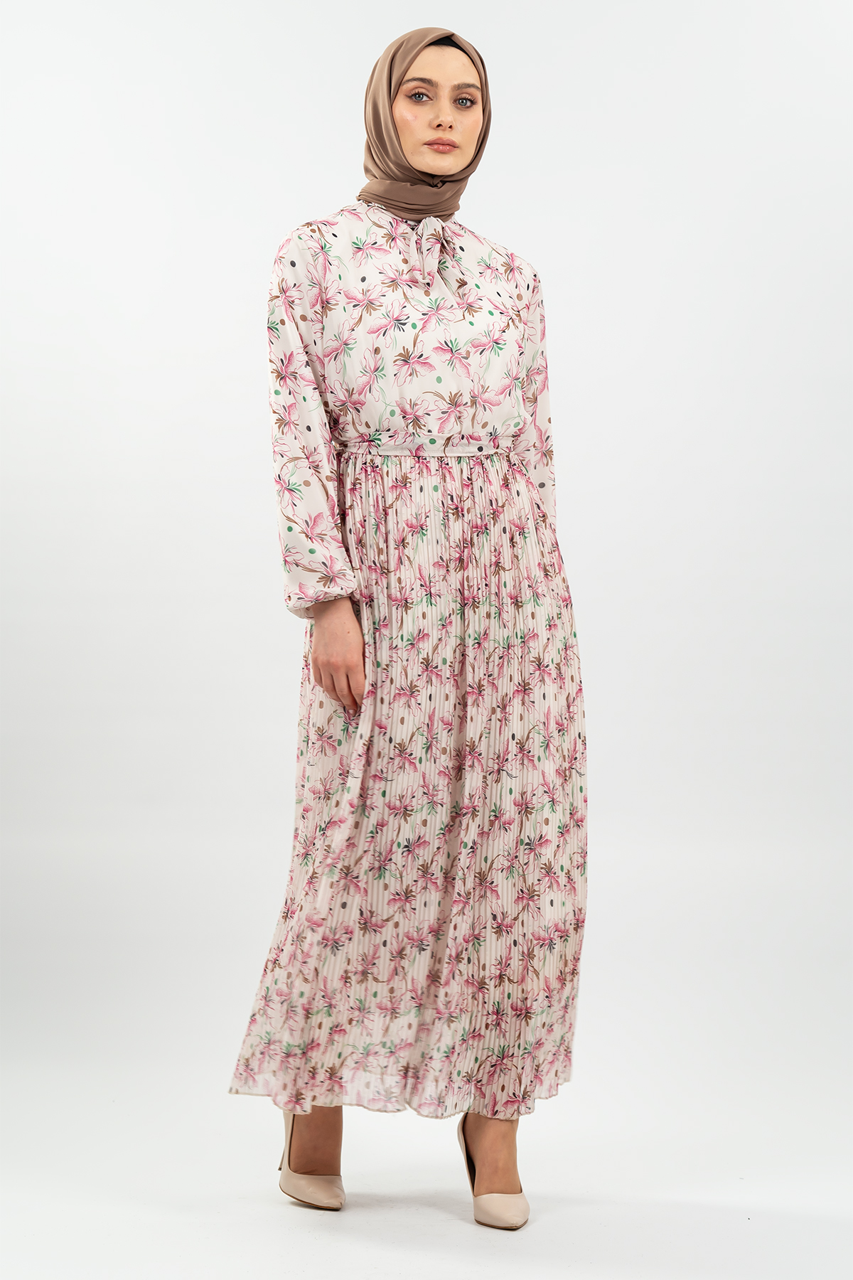 Desenli Pembe Tesettür Elbise