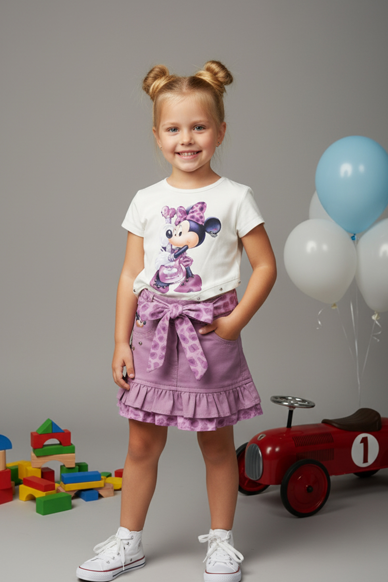 Desenli Plise Etek Ve Büzgülü Bel Kız Çocuk Bluz Seti