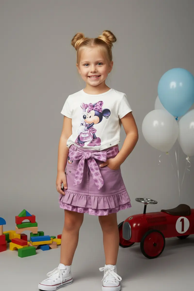 Desenli Plise Etek Ve Büzgülü Bel Kız Çocuk Bluz Seti