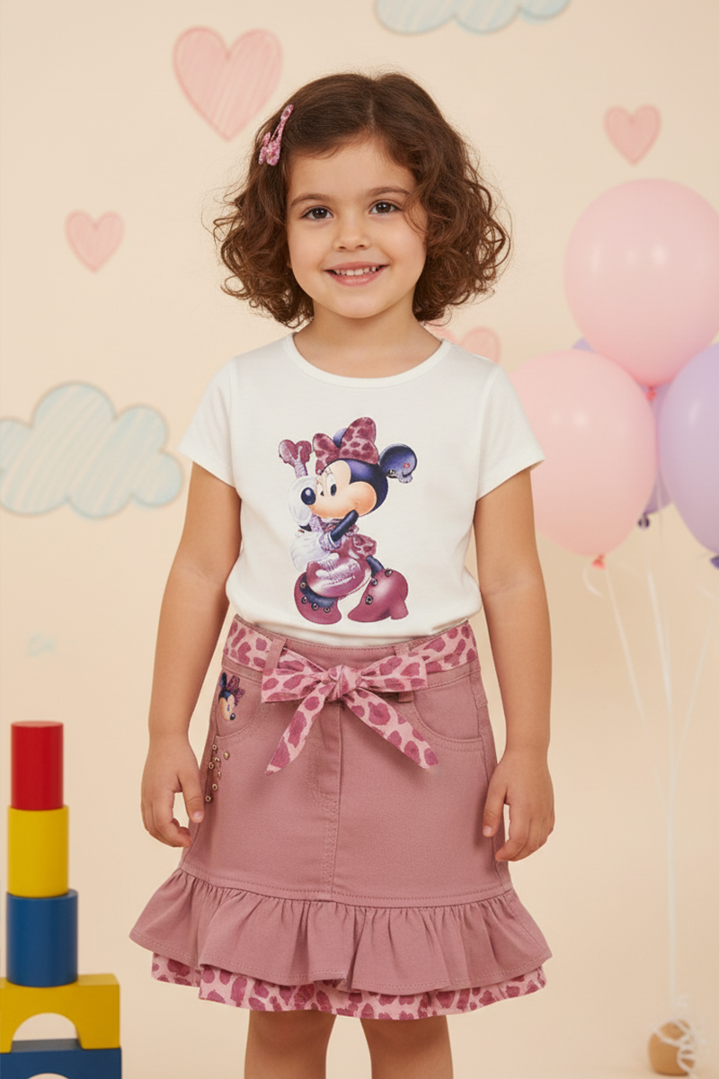 Desenli Plise Etek Ve Büzgülü Bel Kız Çocuk Bluz Seti