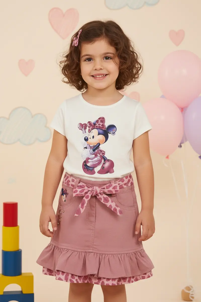 Desenli Plise Etek Ve Büzgülü Bel Kız Çocuk Bluz Seti