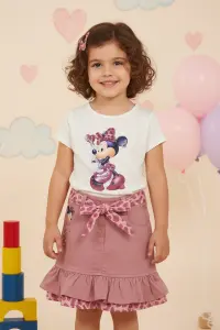 Desenli Plise Etek Ve Büzgülü Bel Kız Çocuk Bluz Seti