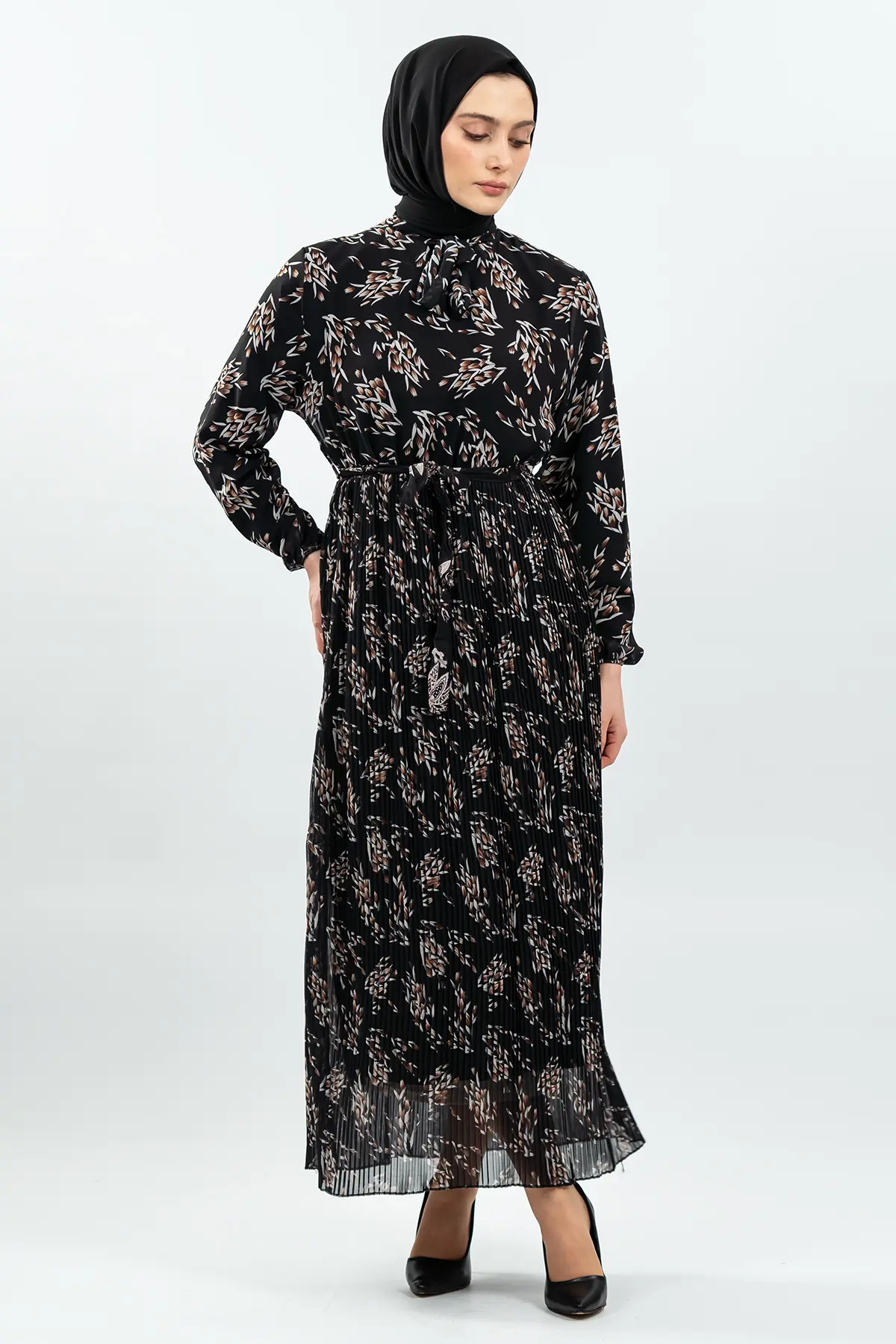 Desenli Siyah Tesettür Elbise-detail