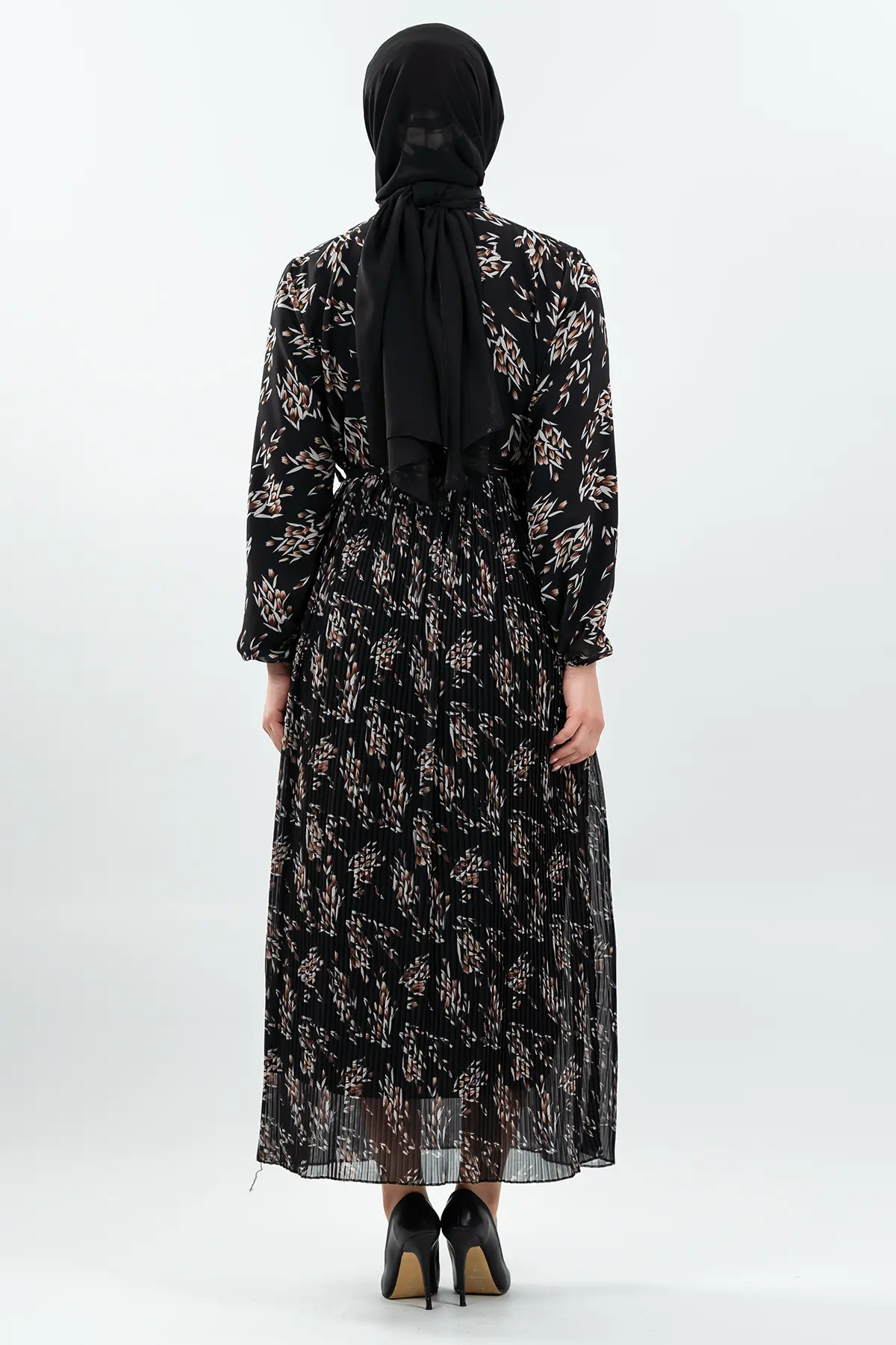Desenli Siyah Tesettür Elbise-detail