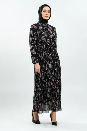 Desenli Siyah Tesettür Elbise