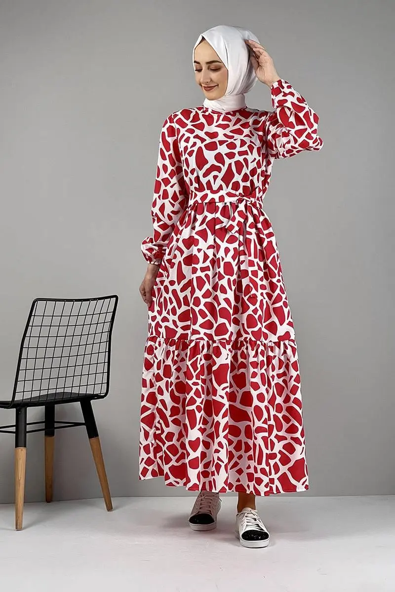 Desenli Terikoton Elbise Kırmızı-detail