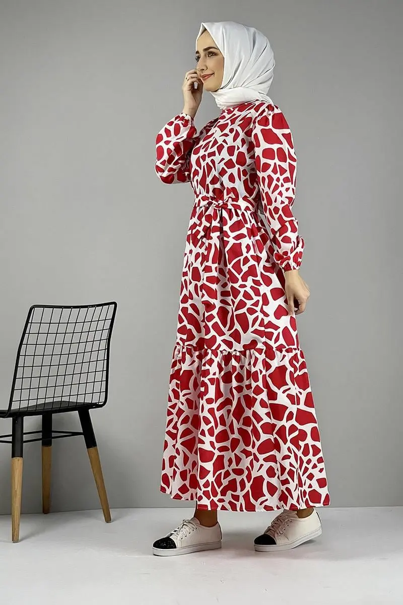 Desenli Terikoton Elbise Kırmızı-detail