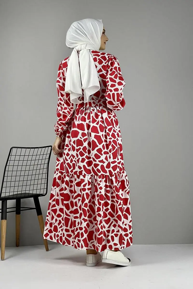 Desenli Terikoton Elbise Kırmızı-detail