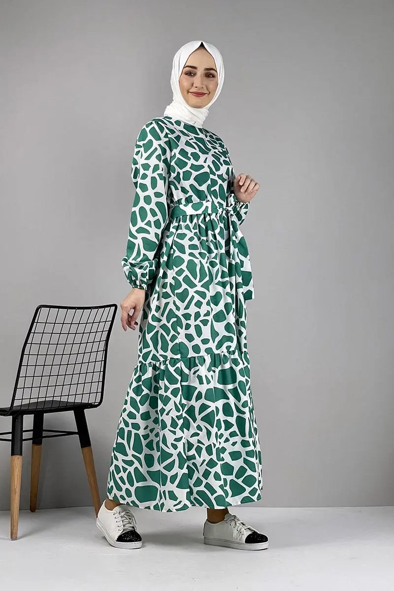 Desenli Terikoton Elbise Yeşil-detail