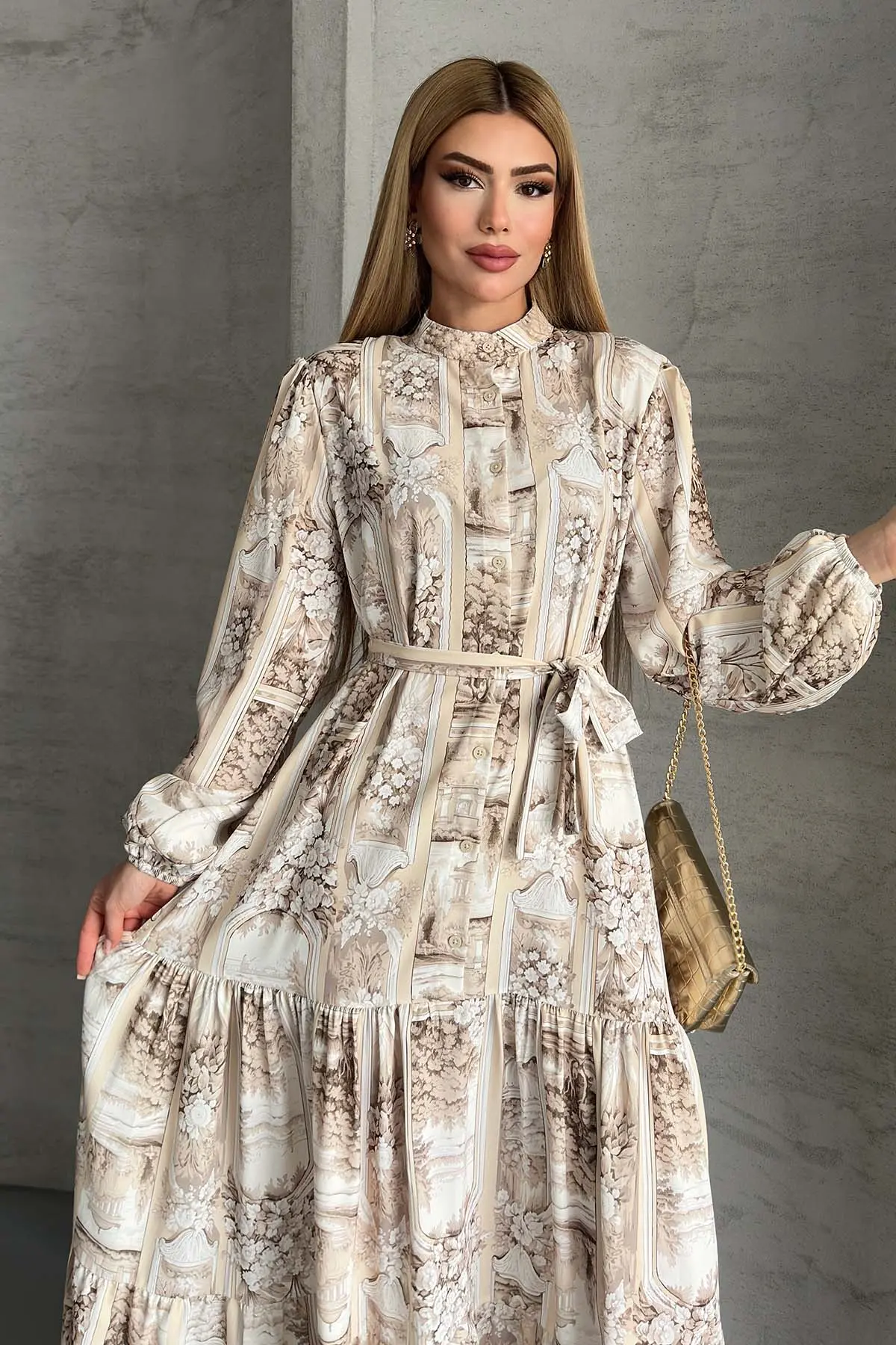 Desenli Tesettür Elbise Bej 507-1-detail