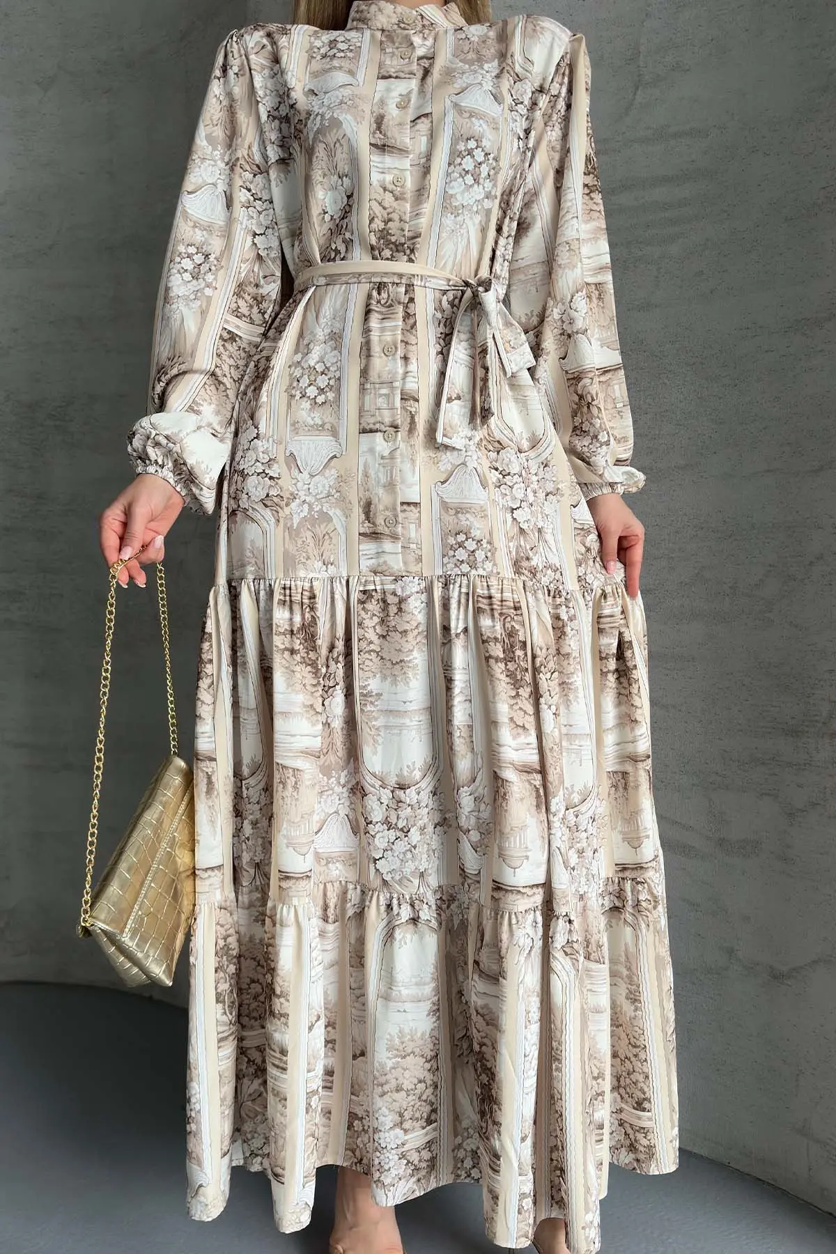 Desenli Tesettür Elbise Bej 507-1-detail