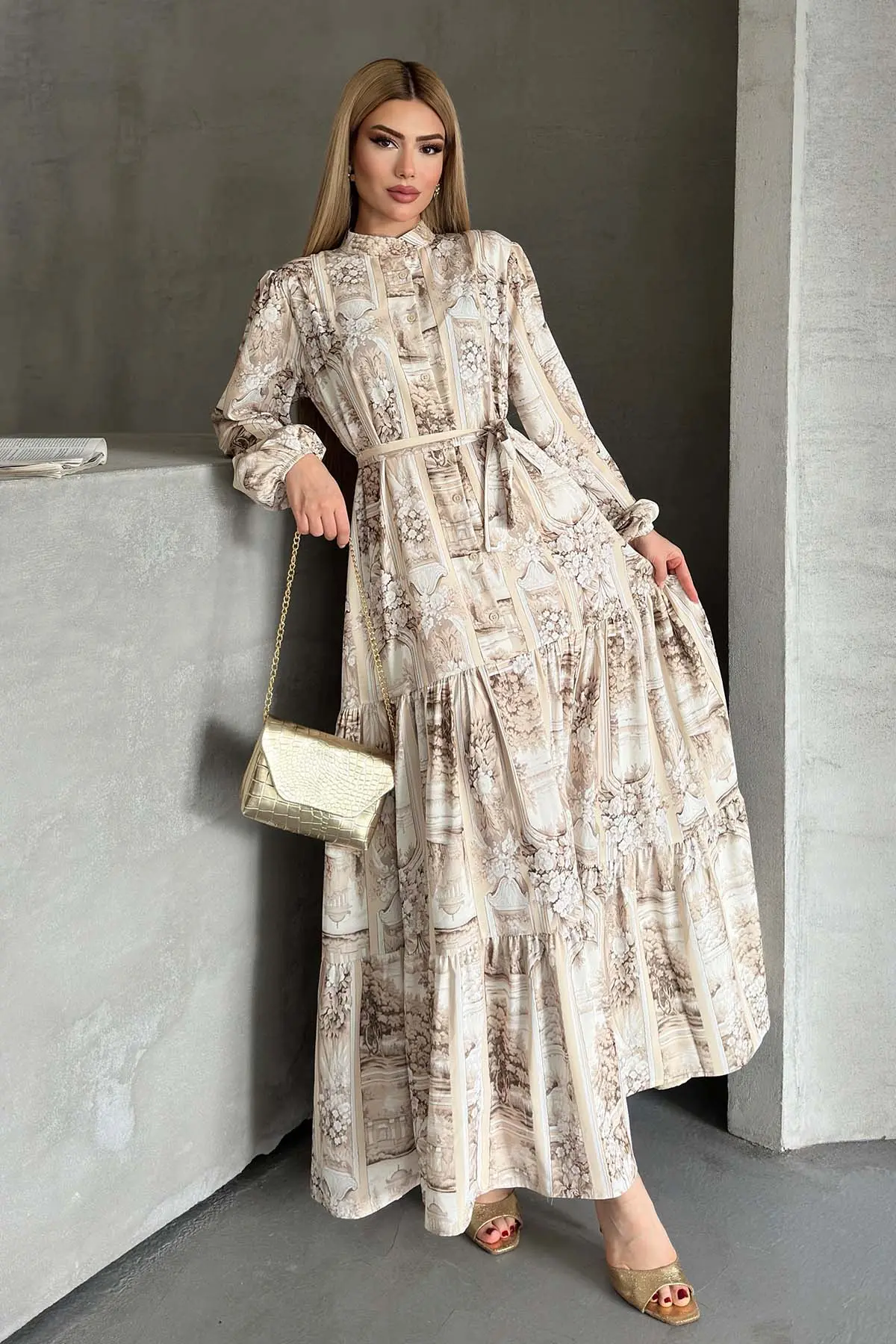Desenli Tesettür Elbise Bej 507-1-detail