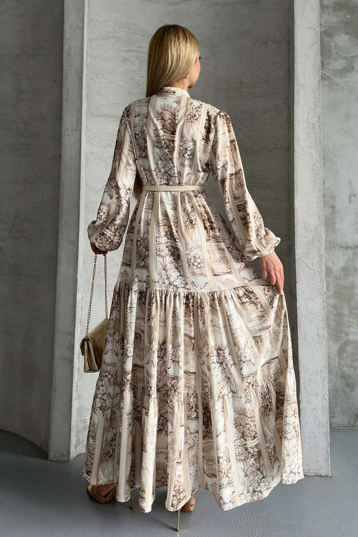 Desenli Tesettür Elbise Bej 507-1-detail