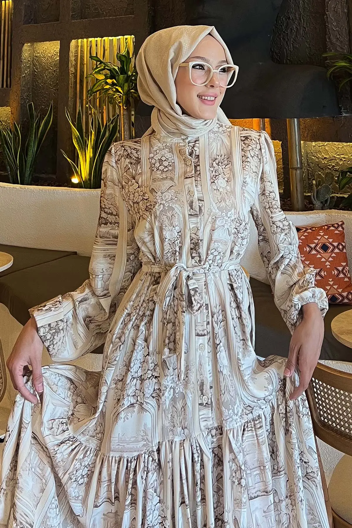 Desenli Tesettür Elbise Bej 507-detail