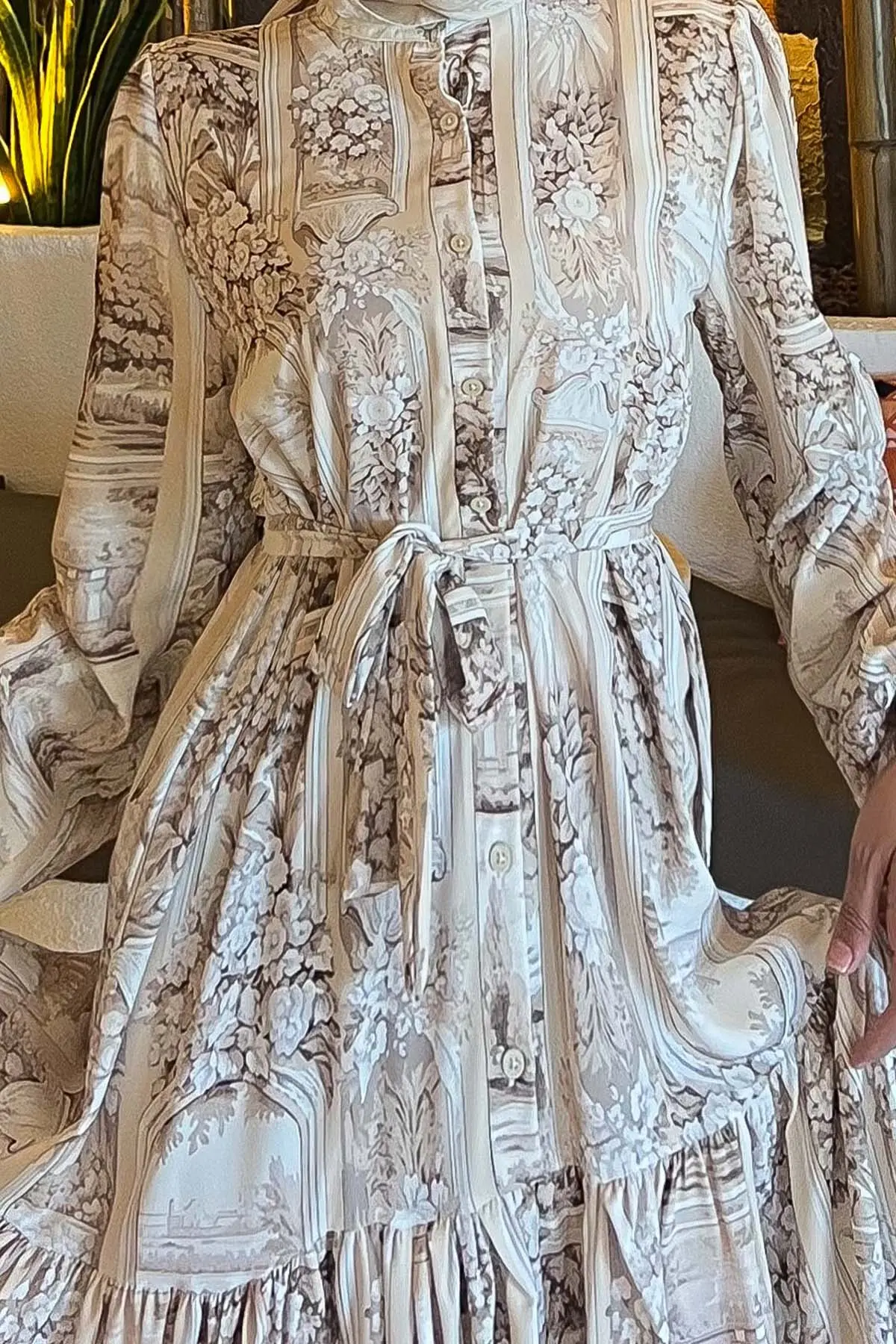 Desenli Tesettür Elbise Bej 507-detail