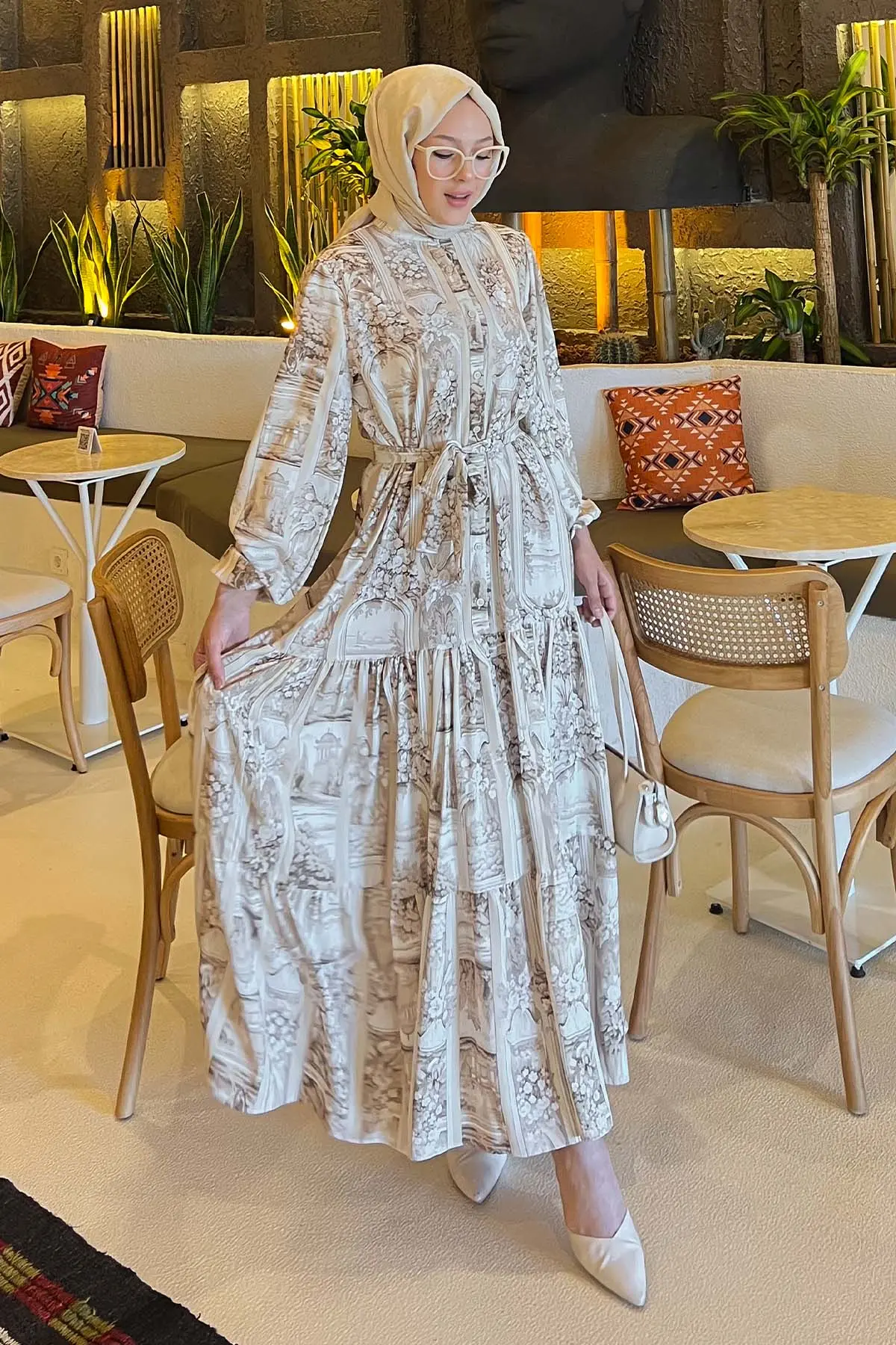 Desenli Tesettür Elbise Bej 507-detail