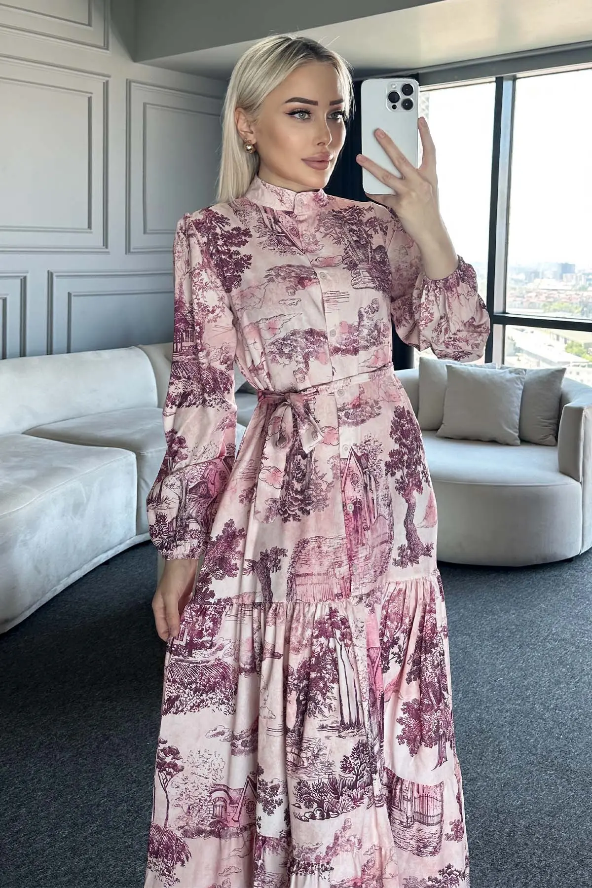 Desenli Tesettür Elbise Bordo 505-1-detail