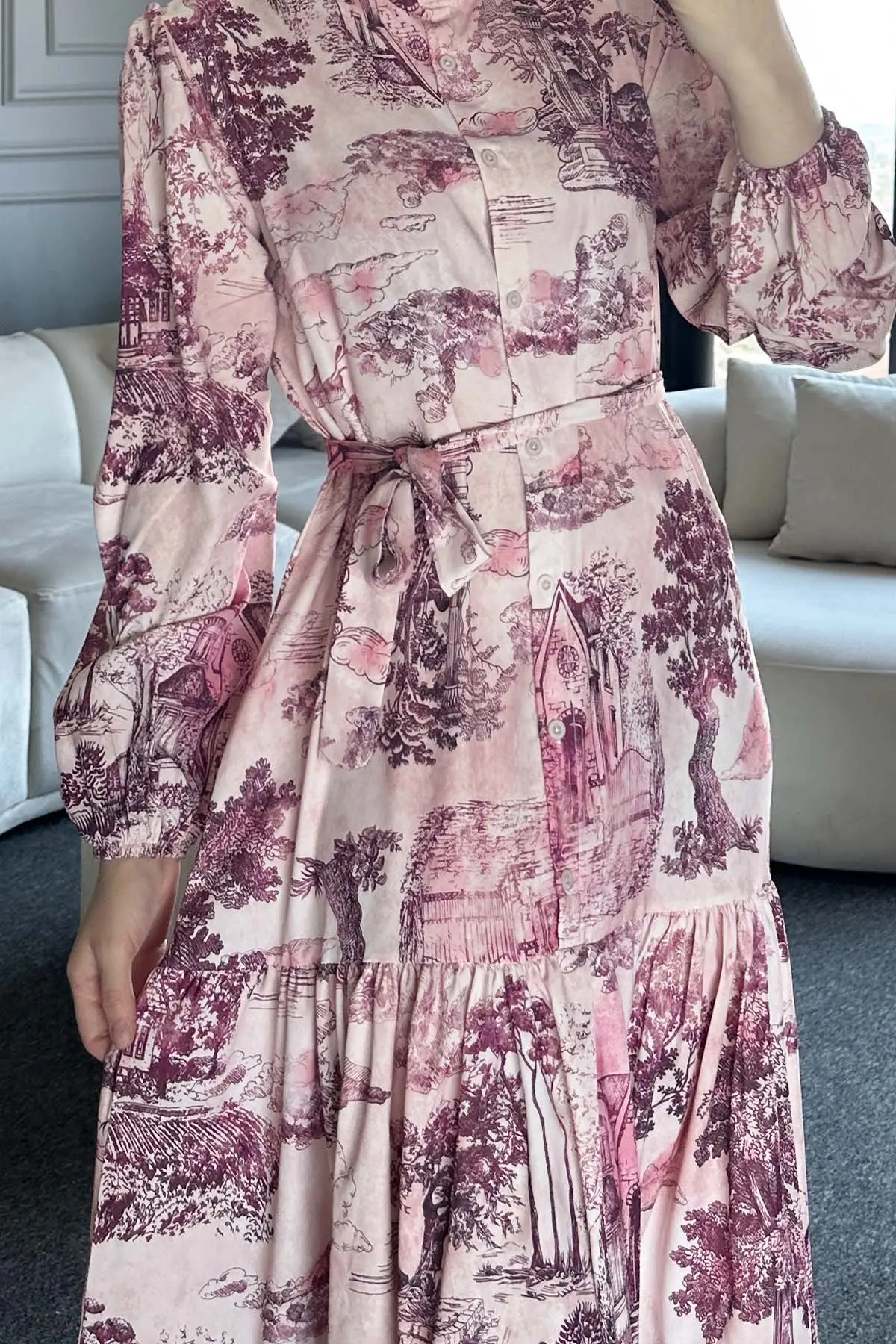 Desenli Tesettür Elbise Bordo 505-1-detail