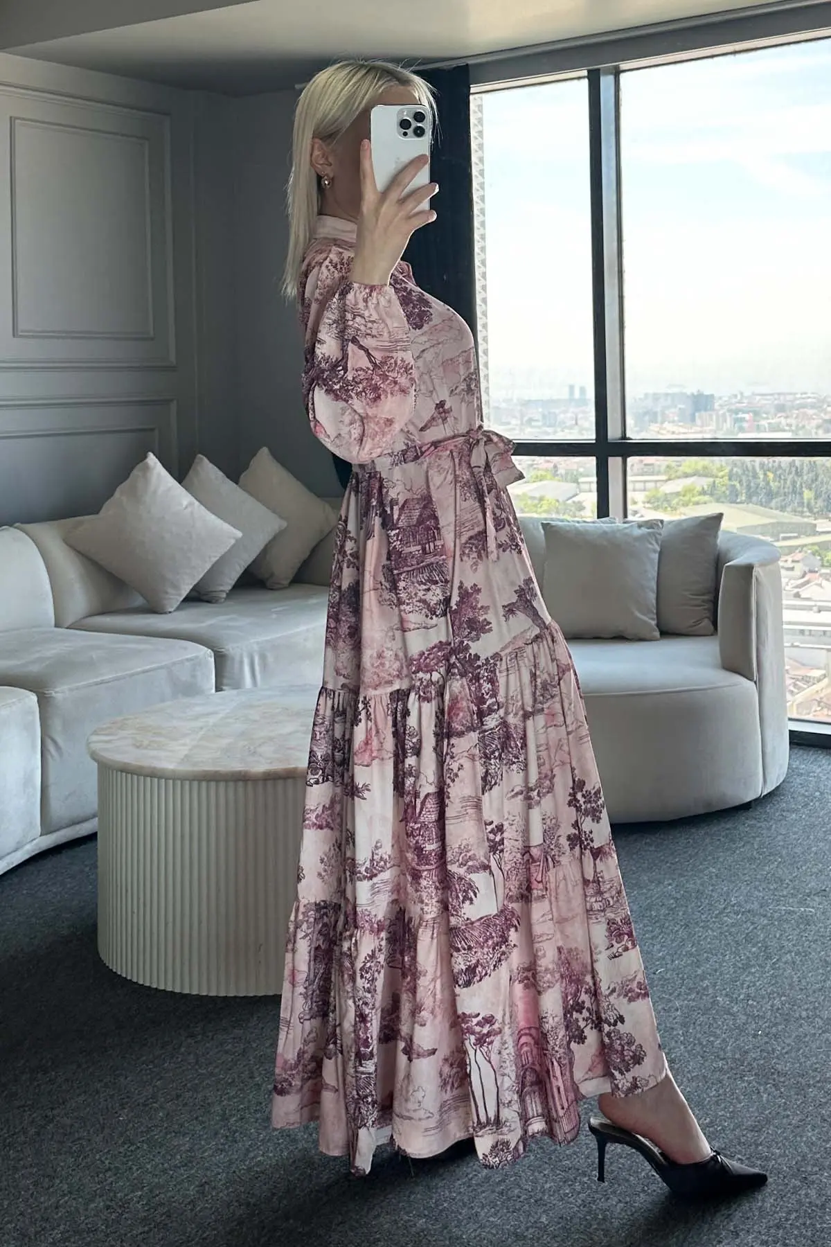 Desenli Tesettür Elbise Bordo 505-1-detail