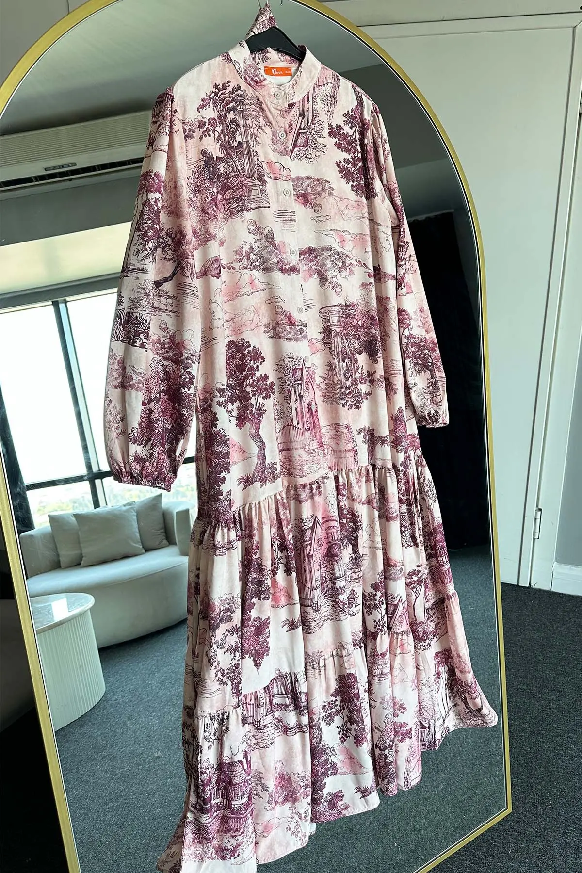 Desenli Tesettür Elbise Bordo 505-1-detail