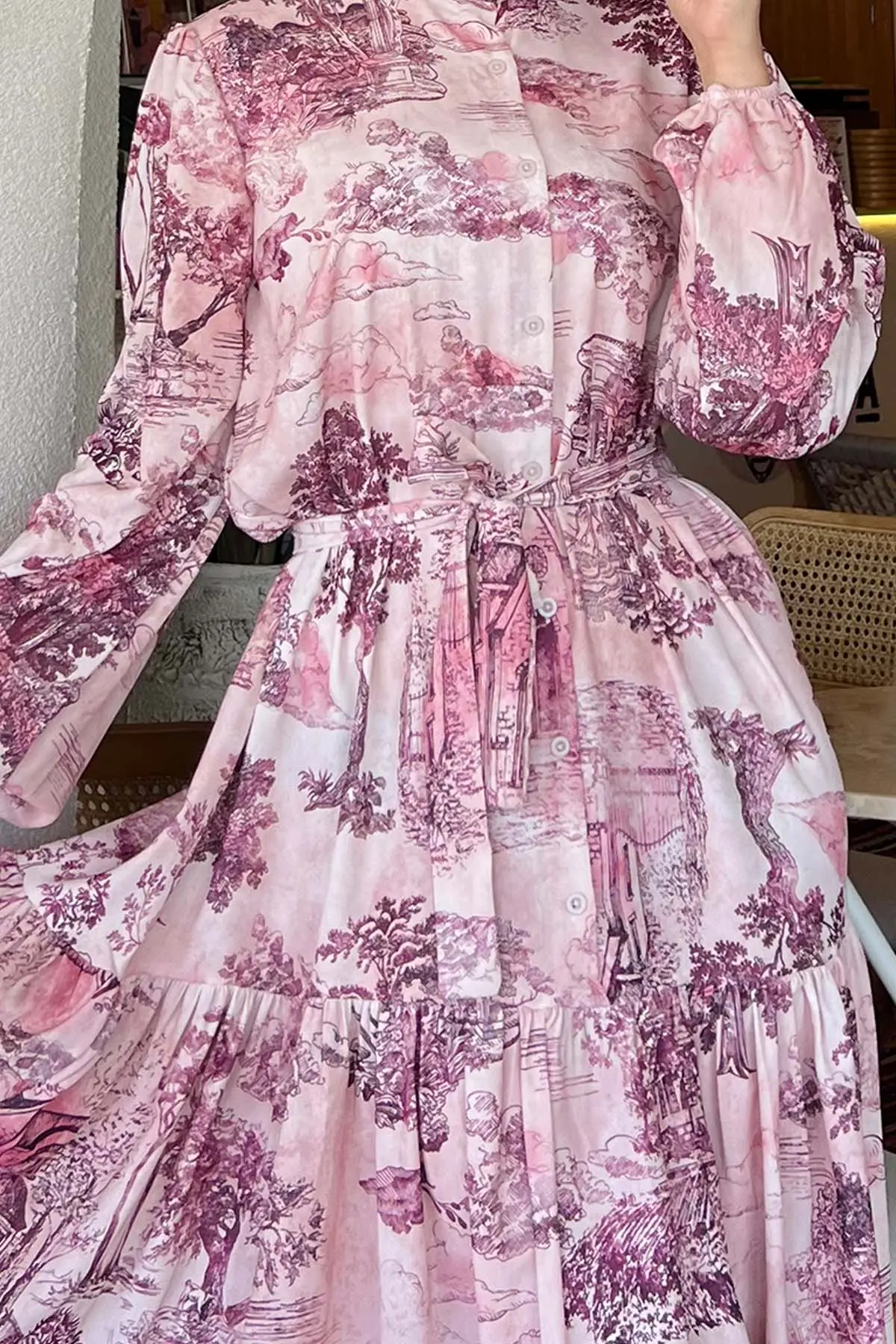 Desenli Tesettür Elbise Bordo 505-detail