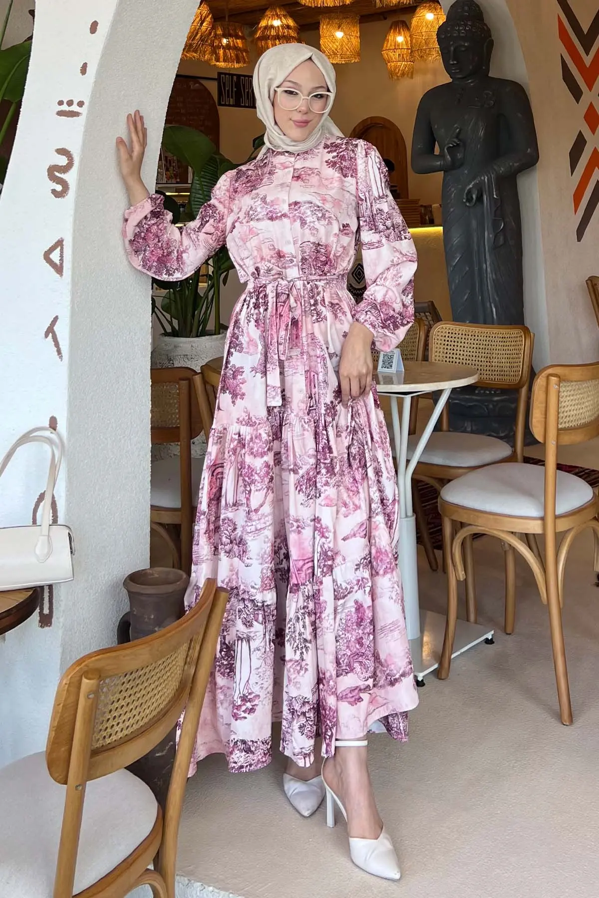 Desenli Tesettür Elbise Bordo 505-detail