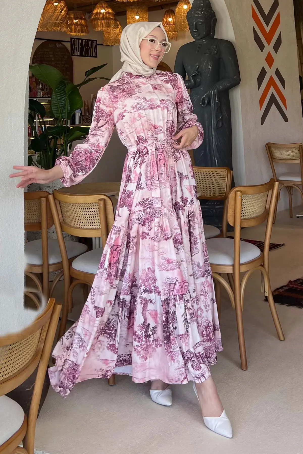 Desenli Tesettür Elbise Bordo 505-detail