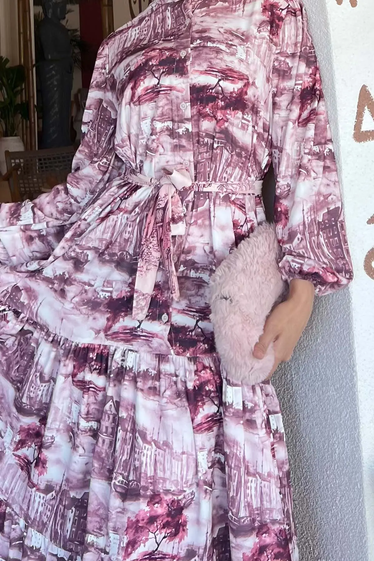 Desenli Tesettür Elbise Bordo 512-detail