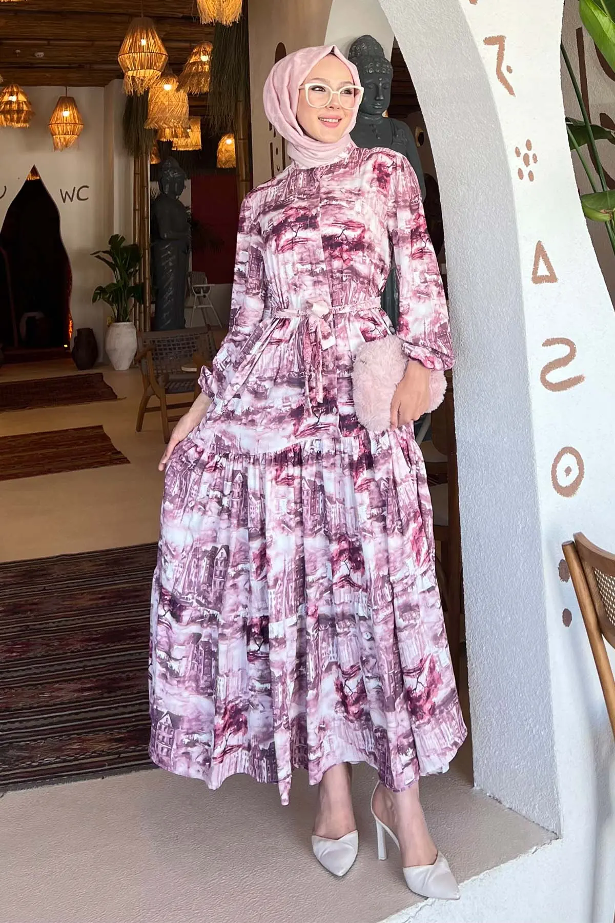 Desenli Tesettür Elbise Bordo 512-detail