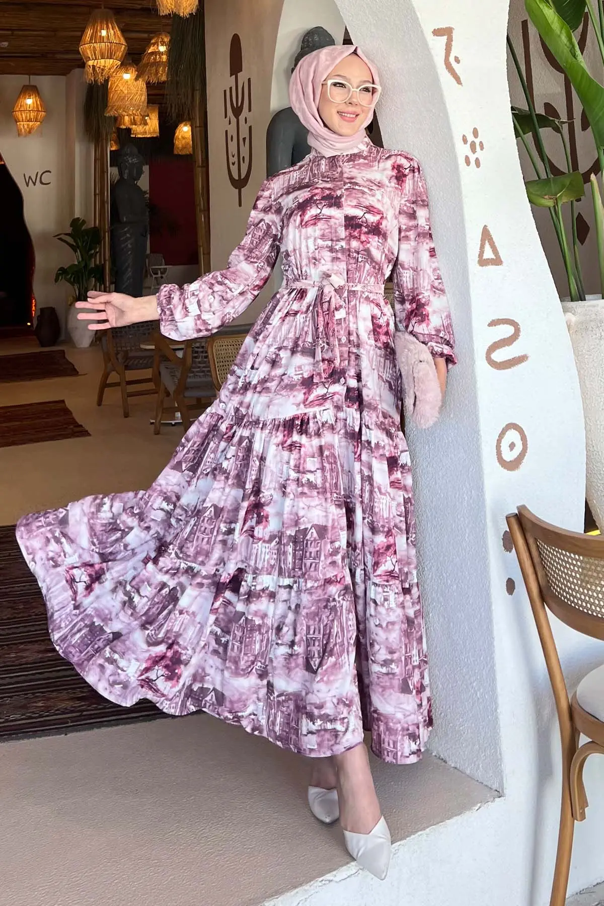 Desenli Tesettür Elbise Bordo 512-detail