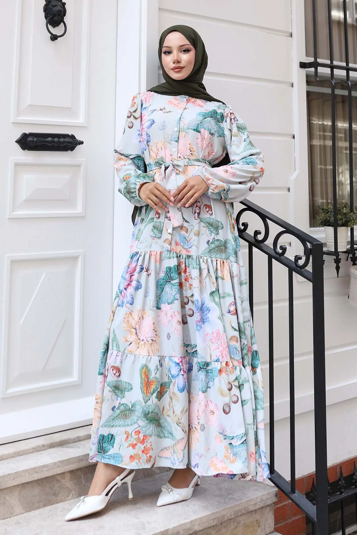 Desenli Tesettür Elbise Çağla 527-detail