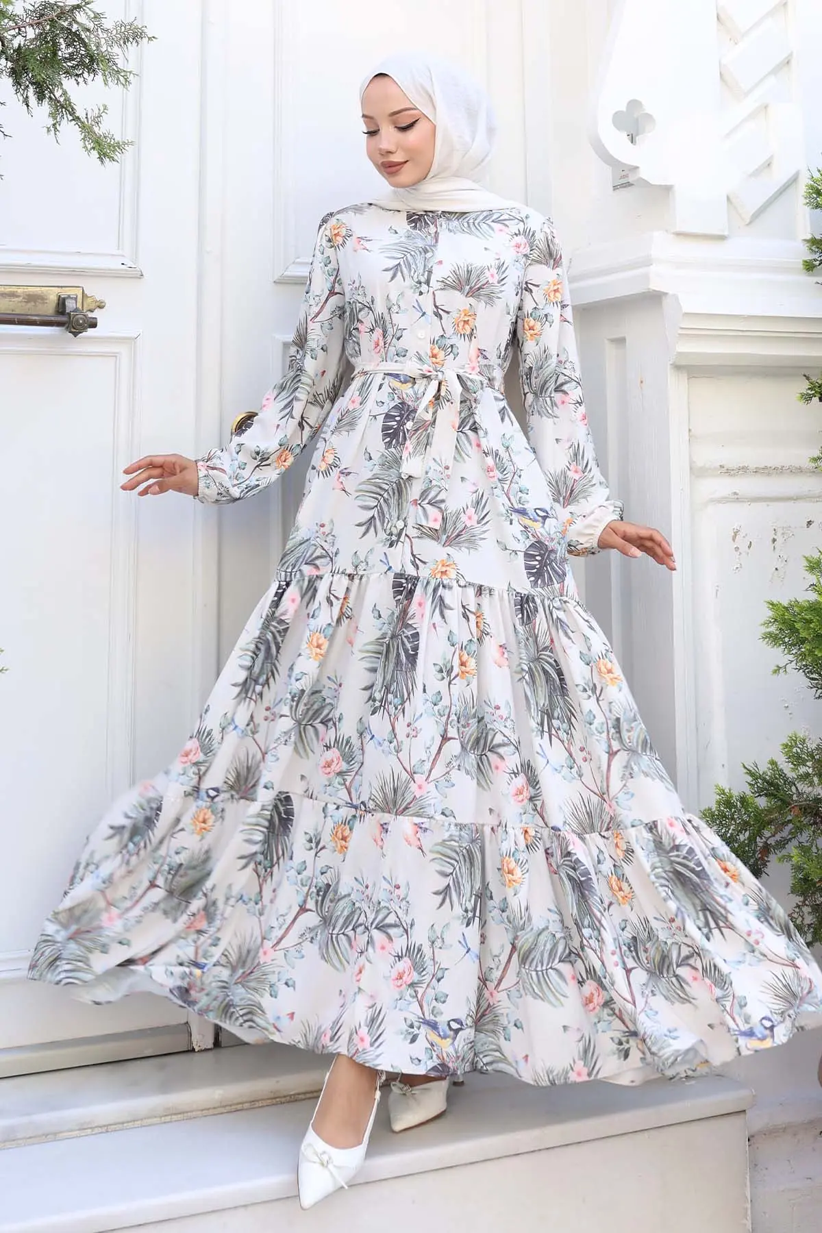 Desenli Tesettür Elbise Çağla 543-detail