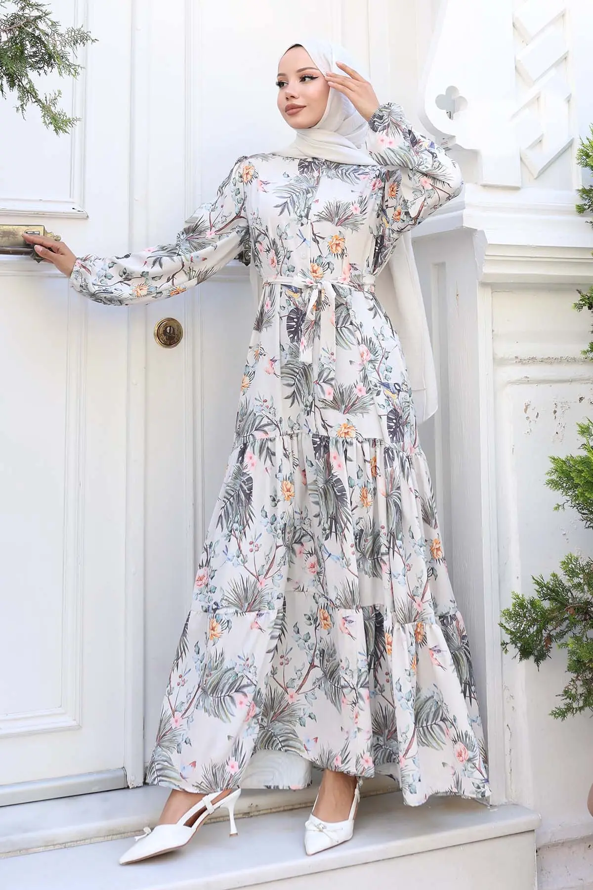 Desenli Tesettür Elbise Çağla 543-detail