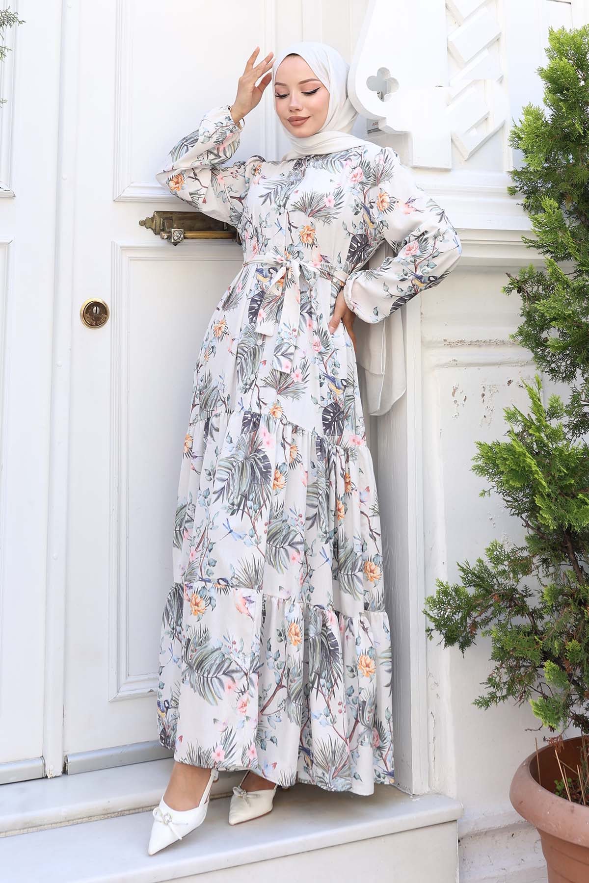 Desenli Tesettür Elbise Çağla 543