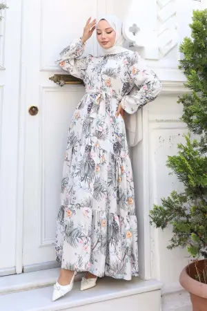 Desenli Tesettür Elbise Çağla 543