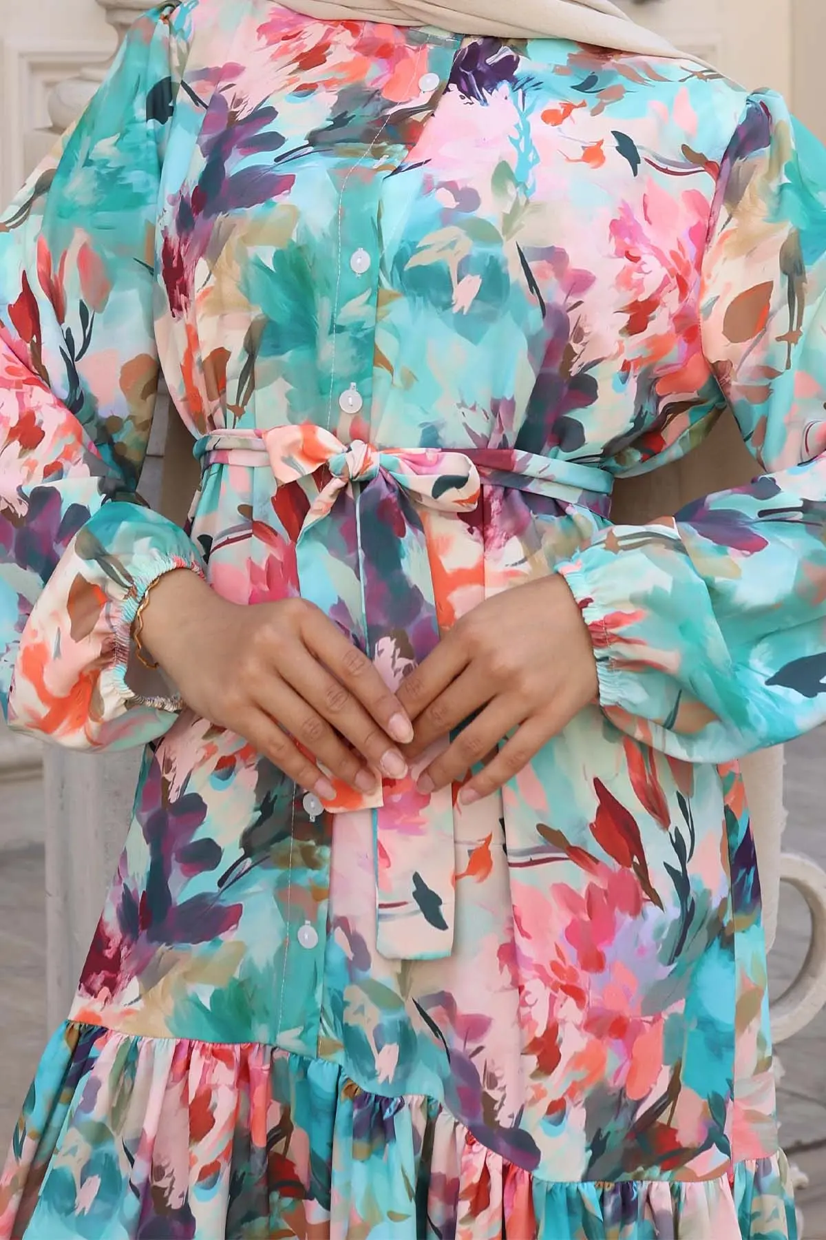 Desenli Tesettür Elbise Fuşya 551-detail