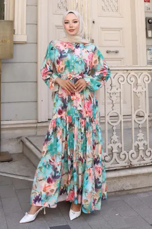 Desenli Tesettür Elbise Fuşya 551