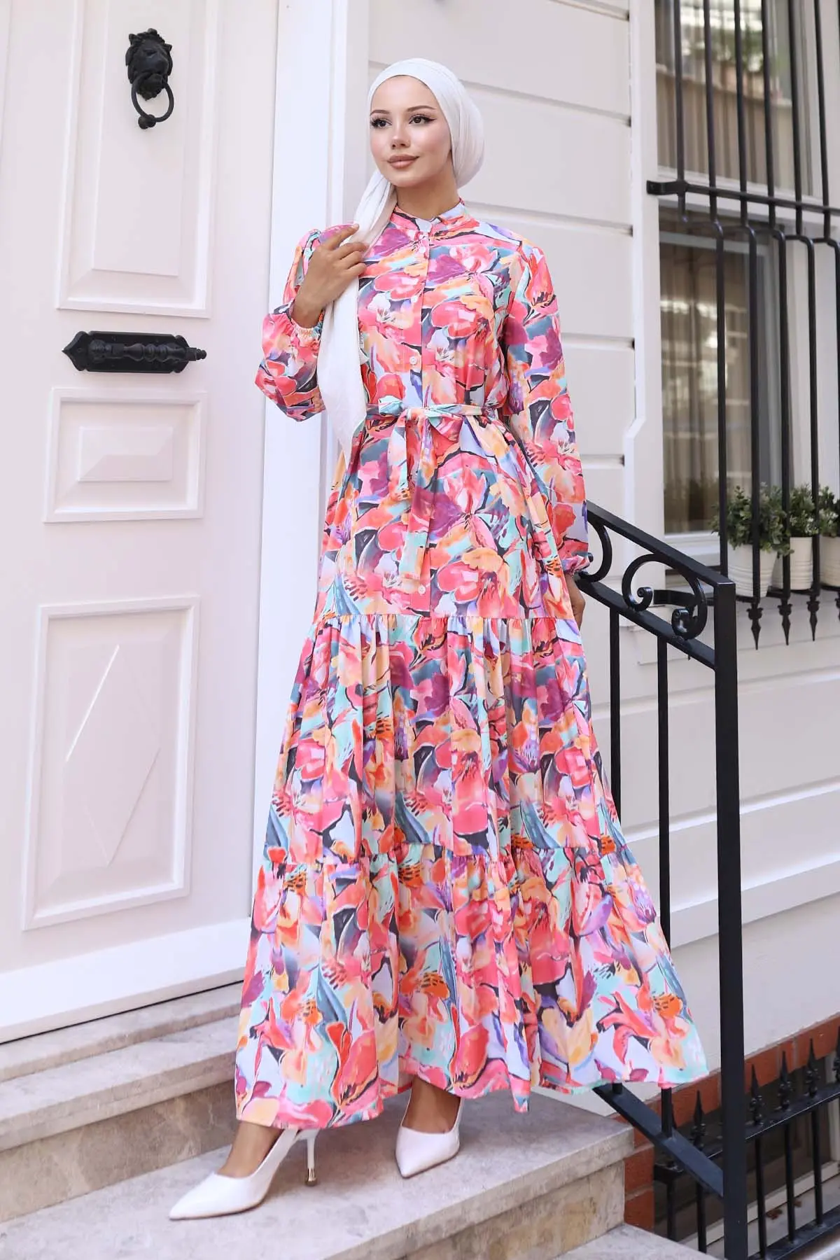 Desenli Tesettür Elbise Fuşya 569-detail