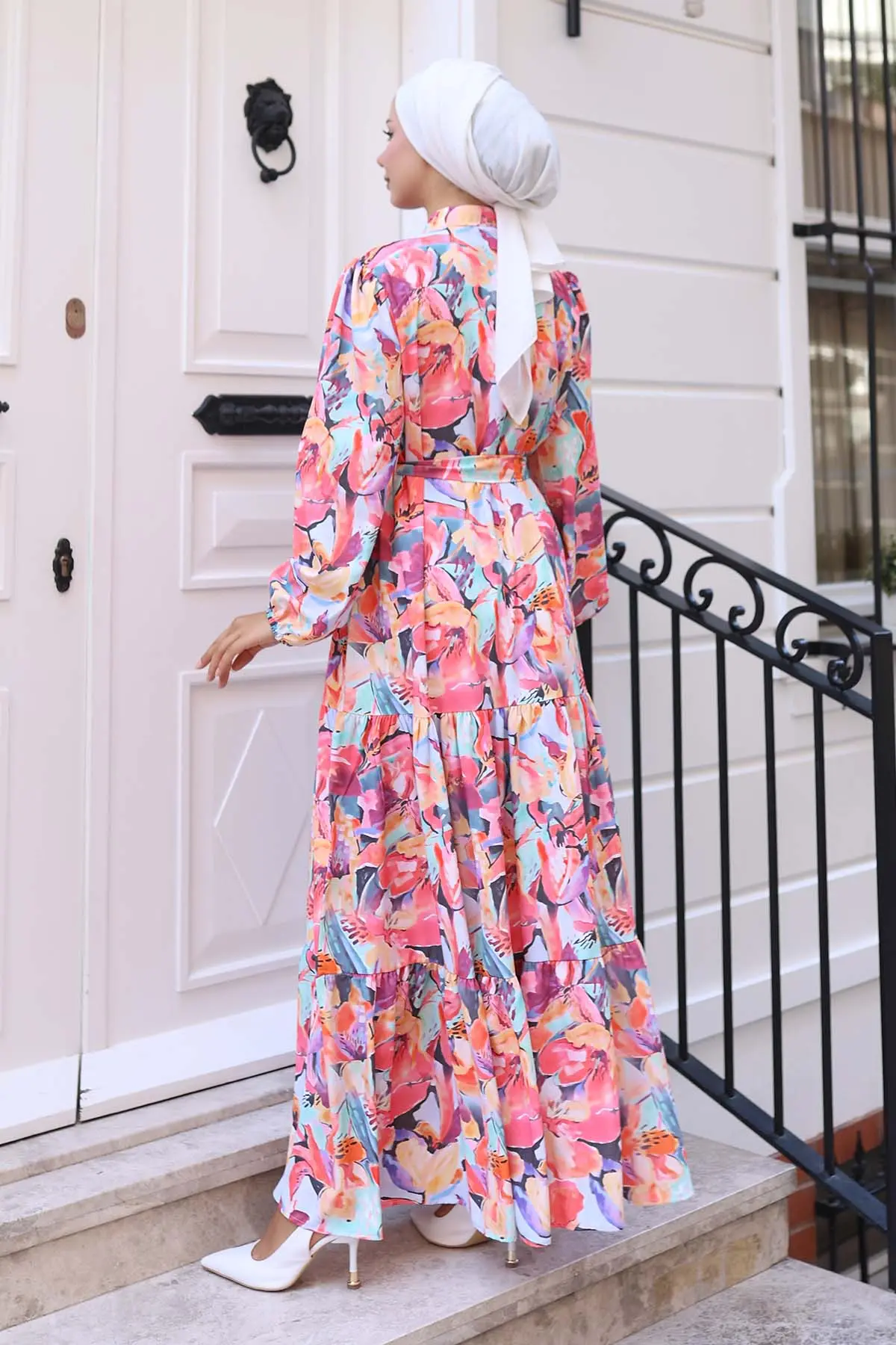 Desenli Tesettür Elbise Fuşya 569-detail