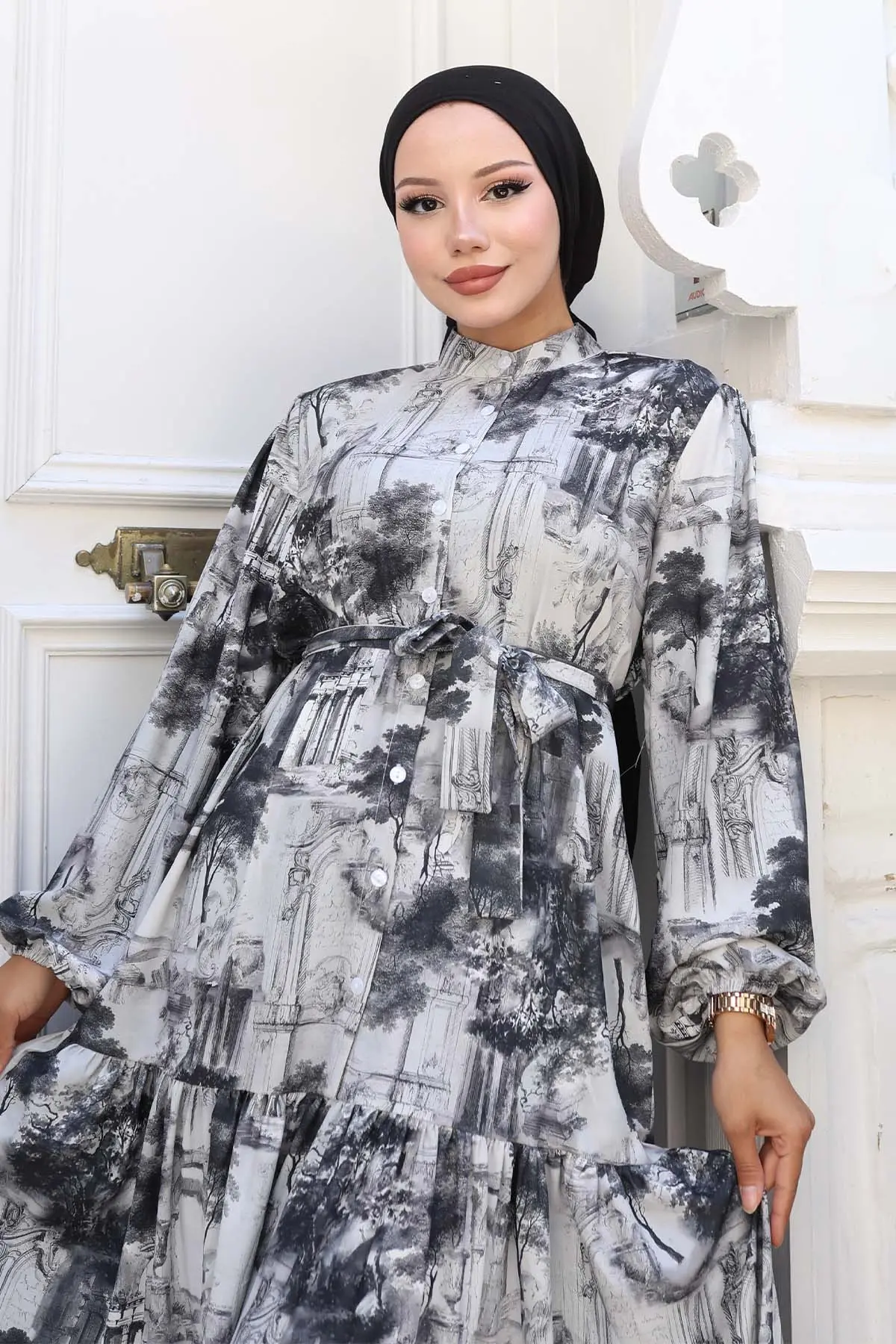 Desenli Tesettür Elbise Gri 510-detail