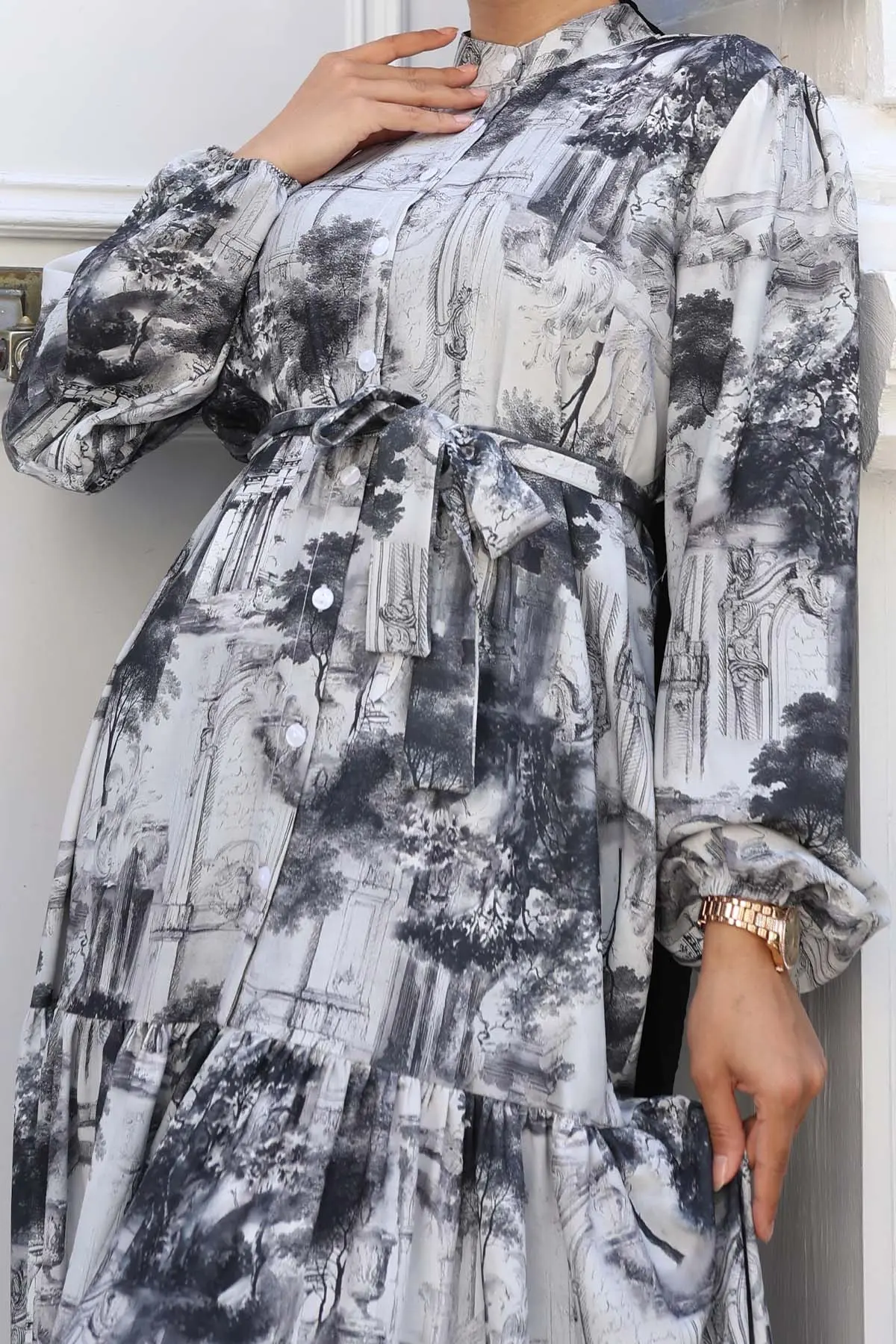 Desenli Tesettür Elbise Gri 510-detail