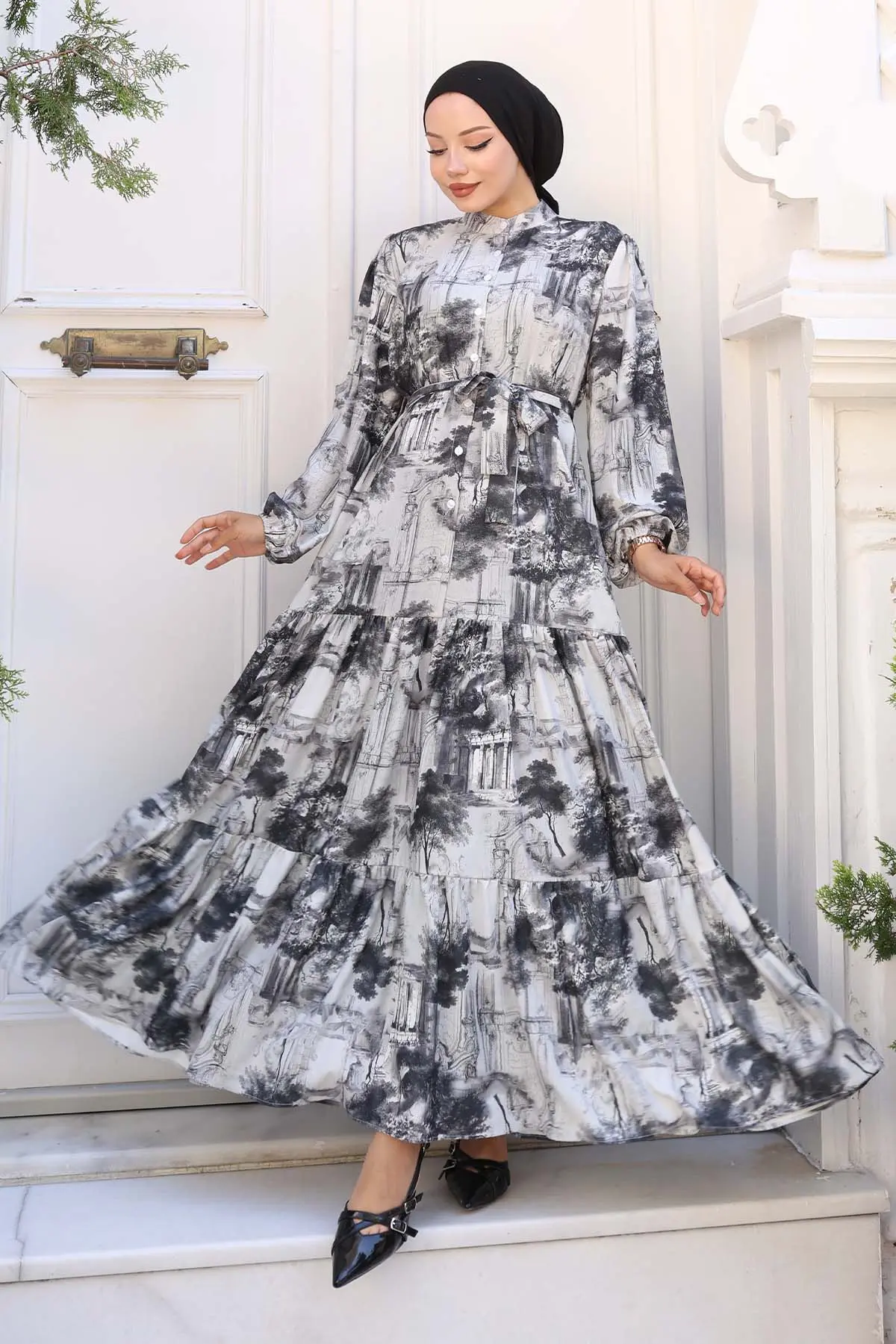 Desenli Tesettür Elbise Gri 510-detail