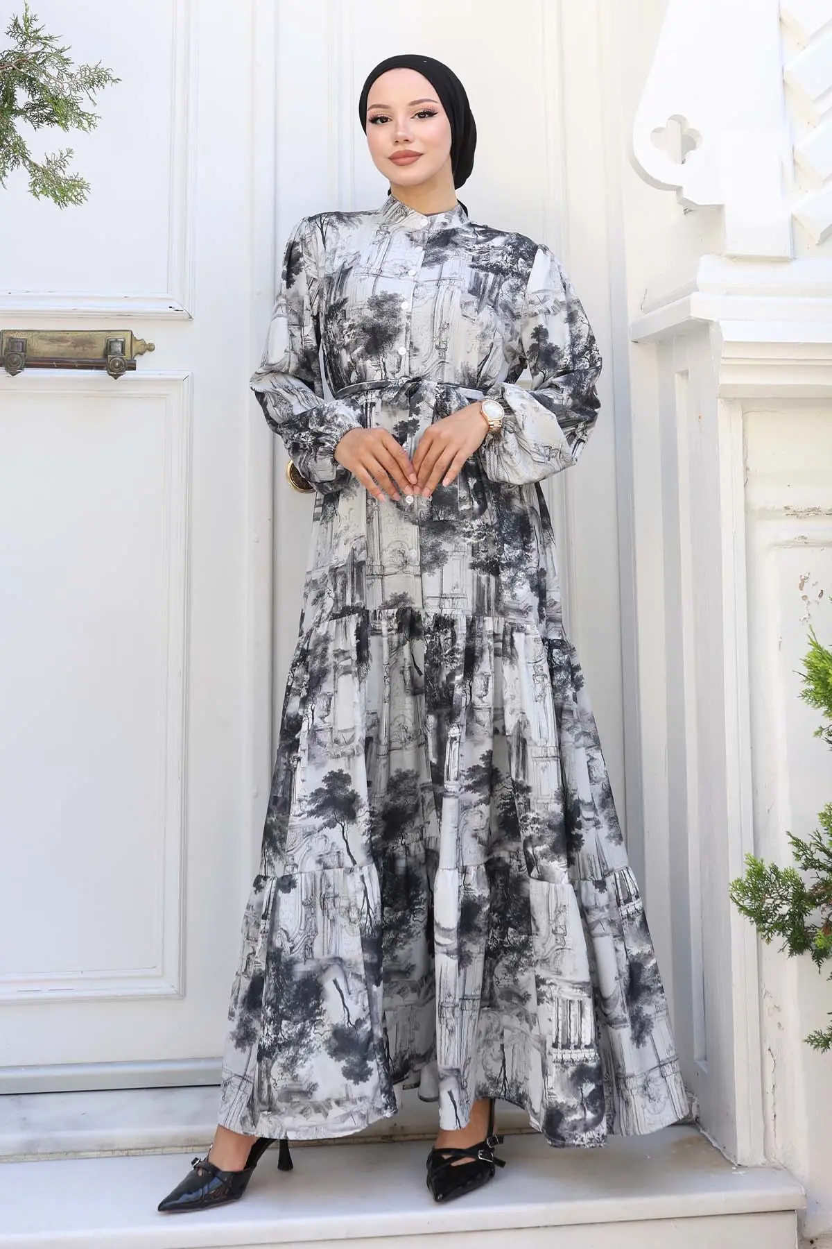 Desenli Tesettür Elbise Gri 510-detail