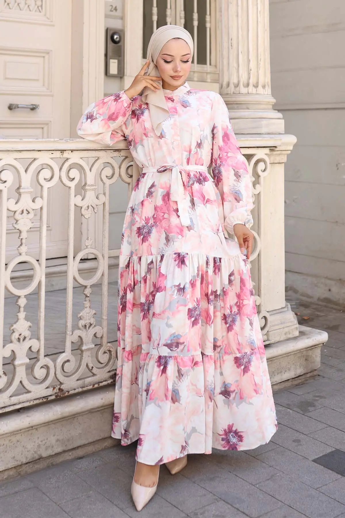 Desenli Tesettür Elbise Gül Kurusu 572-detail