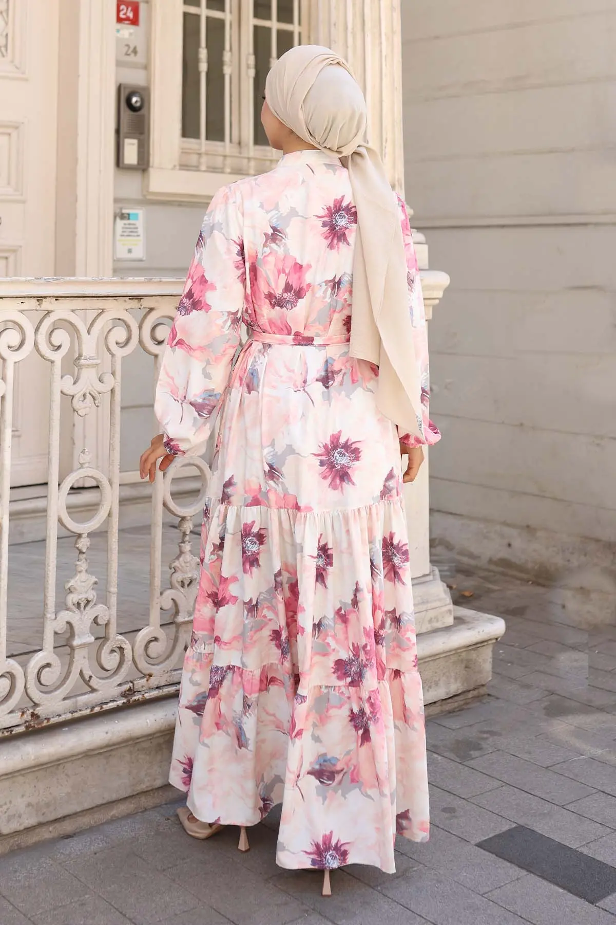 Desenli Tesettür Elbise Gül Kurusu 572-detail