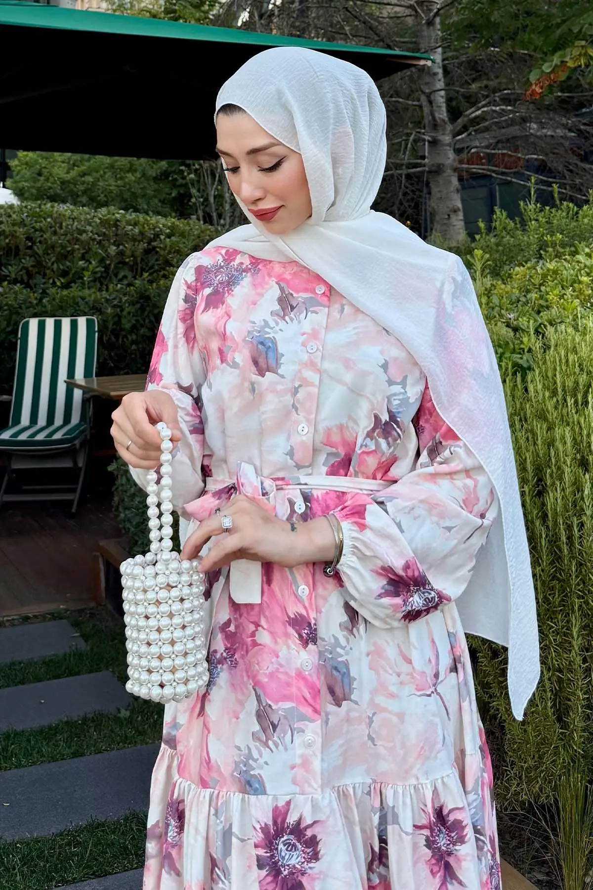 Desenli Tesettür Elbise Gül Kurusu-detail